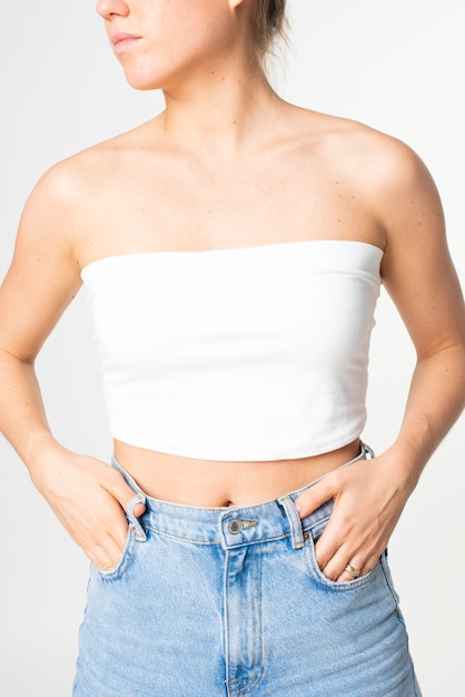 Woman in white bandeau top simple summer apparel shoot