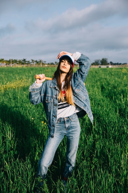 Free photo woman with bit and hands up