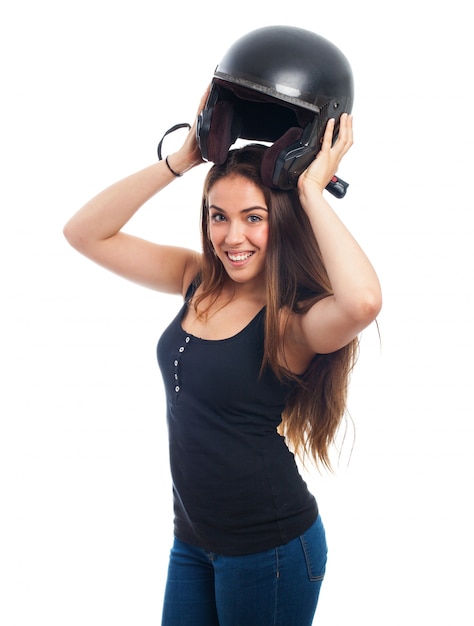 Woman with black helmet