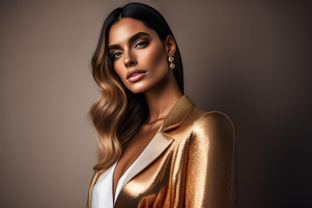 Free Photo a woman with blonde hair and a gold jacket stands against a brown background.