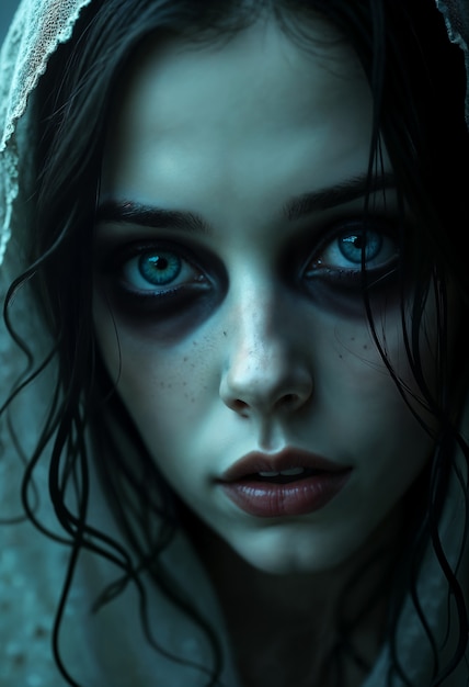 A woman with blue eyes and dark makeup