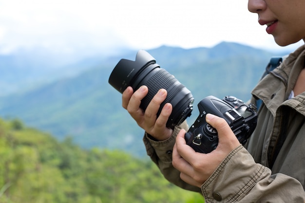 A woman with a camera World photographer day.