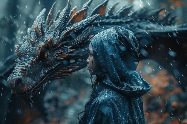 Woman with dragon fantasy scene