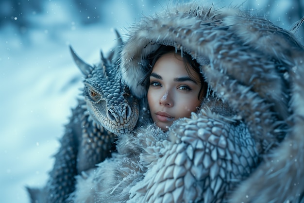 Woman with dragon fantasy scene