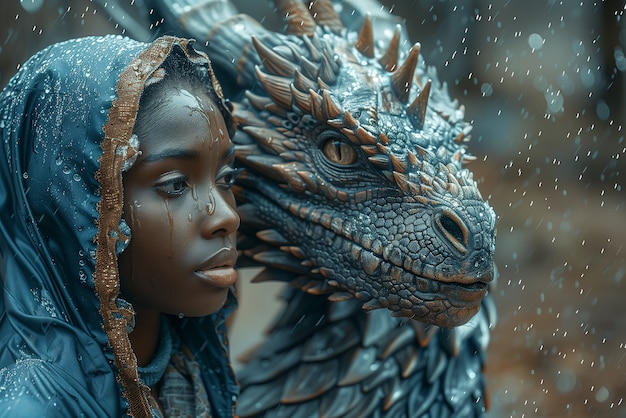 Free Photo woman with dragon fantasy scene