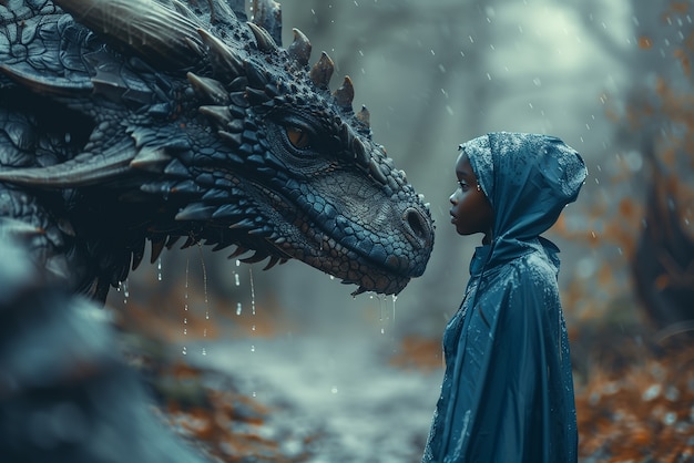 Free Photo woman with dragon fantasy scene