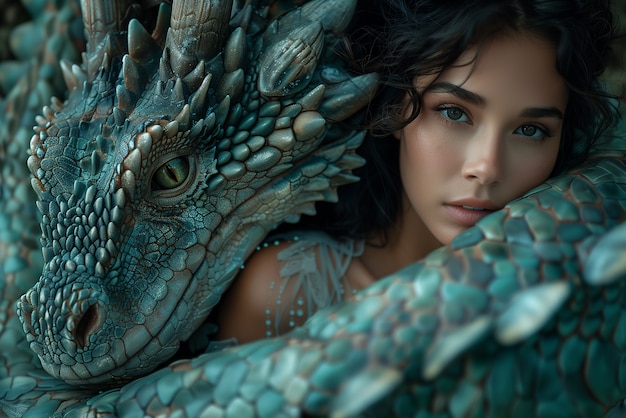 Free Photo woman with dragon fantasy scene