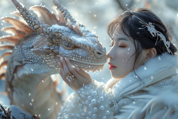 Free photo woman with dragon fantasy scene