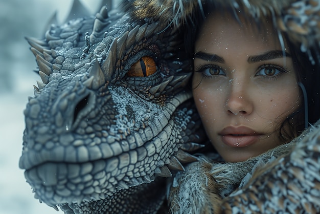 Free photo woman with dragon fantasy scene