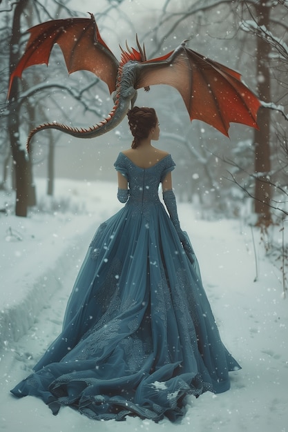 Free Photo woman with dragon fantasy scene