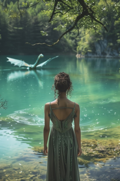 Free photo woman with dragon fantasy scene