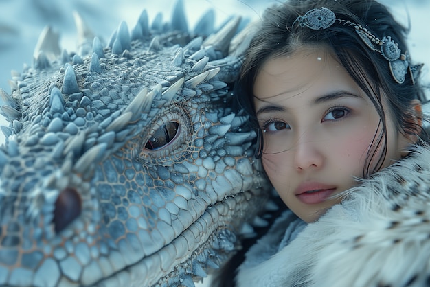 Free photo woman with dragon fantasy scene