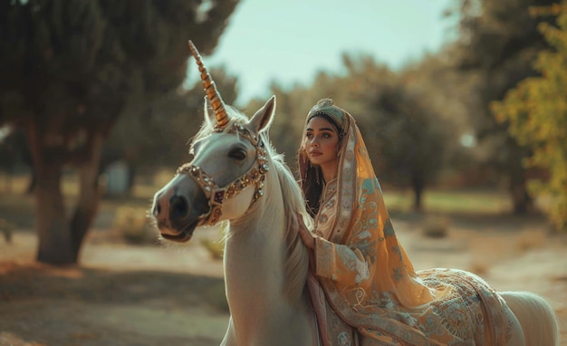 Free photo woman with fantastic unicorn