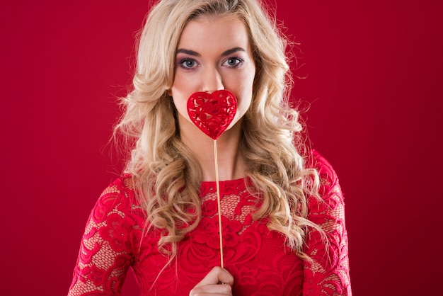 Free photo woman with felt decoration on her mouth