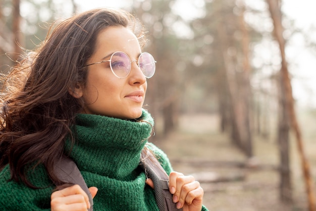 Woman with glasses traveling