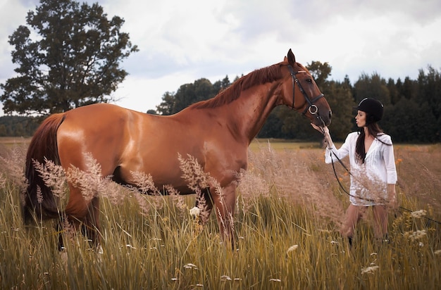 Woman with her brown horse.