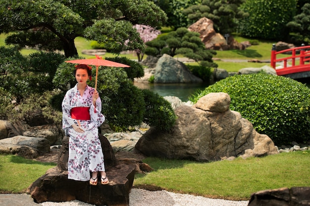 Free Photo woman with kimono and wagasa umbrella