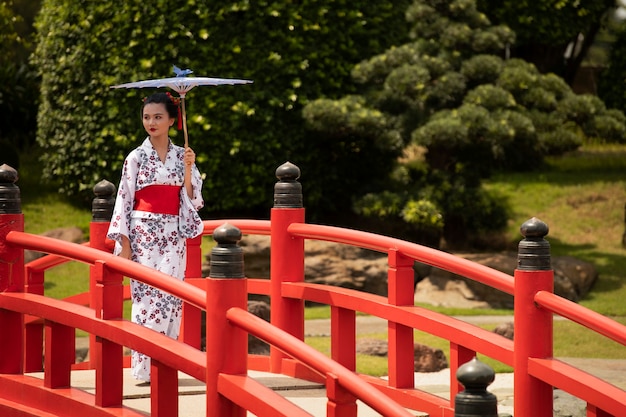 Free photo woman with kimono and wagasa umbrella