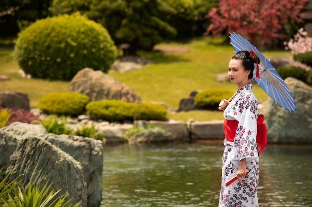 Free photo woman with kimono and wagasa umbrella