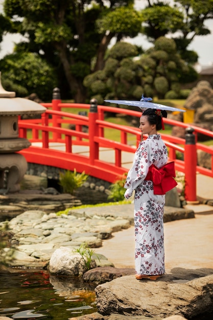 Free photo woman with kimono and wagasa umbrella