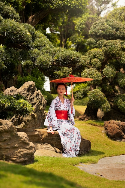 Free photo woman with kimono and wagasa umbrella