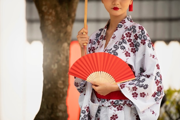 Free photo woman with kimono and wagasa umbrella