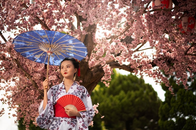 Free photo woman with kimono and wagasa umbrella