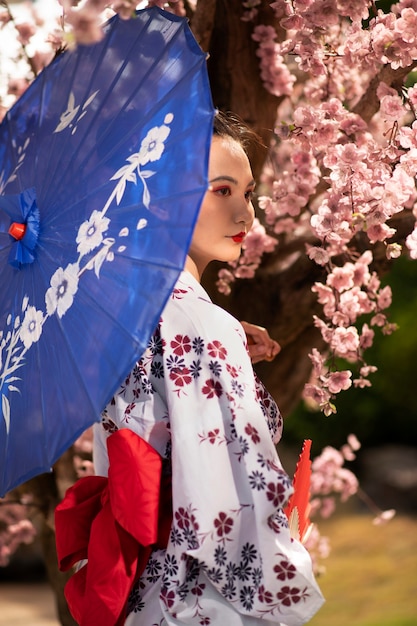 Free photo woman with kimono and wagasa umbrella