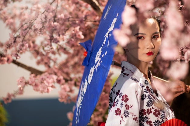 Free Photo woman with kimono and wagasa umbrella