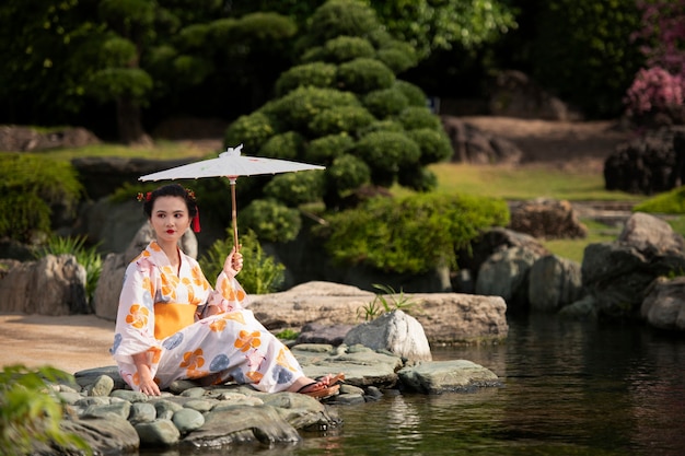 Woman with kimono and wagasa umbrella