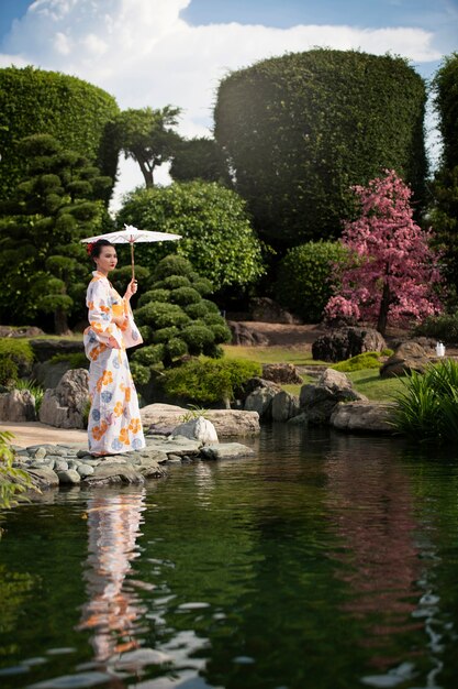 Woman with kimono and wagasa umbrella