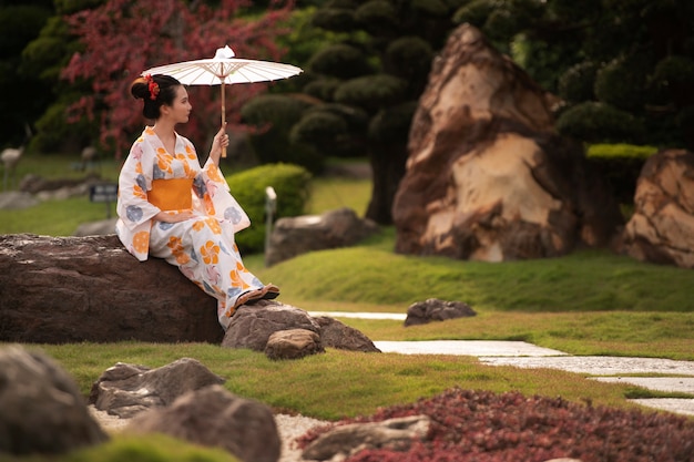 Woman with kimono and wagasa umbrella