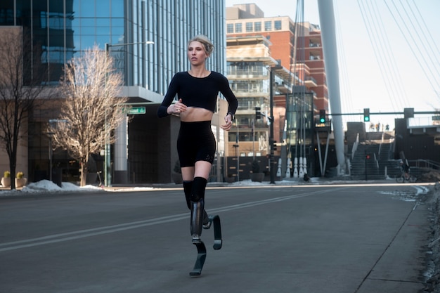 Free photo woman with leg disability running in the city