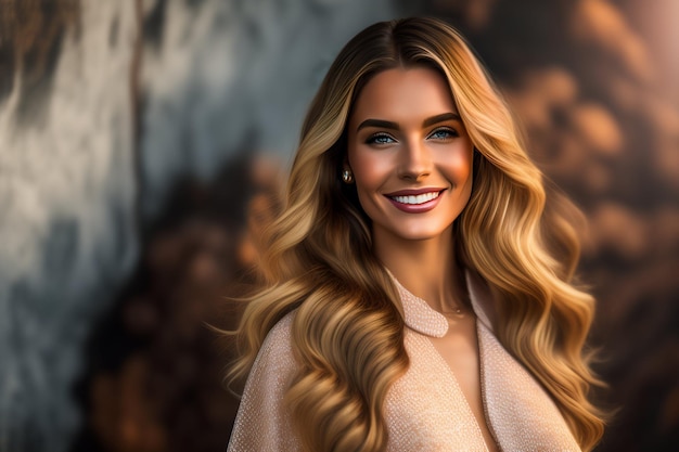 Free photo a woman with long blonde hair smiles in front of a wall