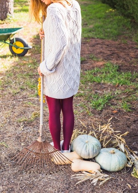 Free photo woman with rake near vegetables