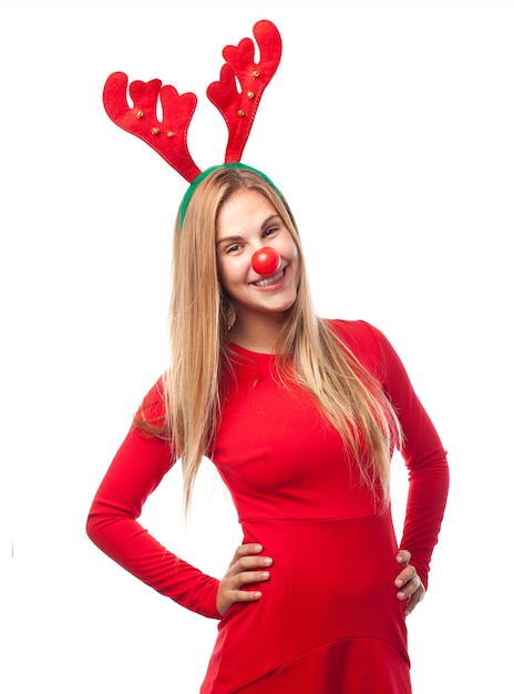 Free Photo woman with red nose and reindeer antlers