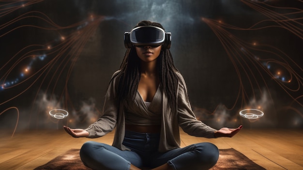 Free Photo woman with vr glasses experiencing metaverse