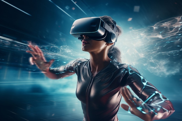 Woman with vr glasses experiencing metaverse