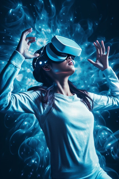 Woman with vr glasses experiencing metaverse