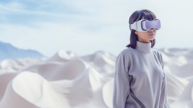 Free Photo woman with vr glasses experiencing metaverse