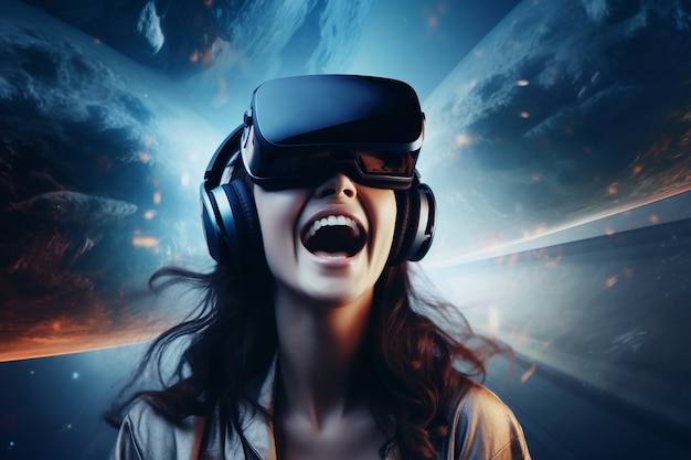 Woman with vr glasses experiencing metaverse