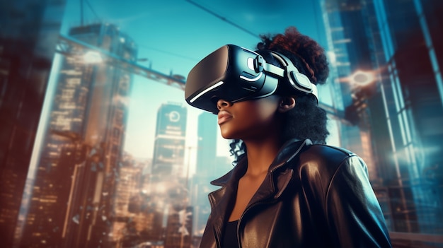 Woman with vr glasses in futuristic city