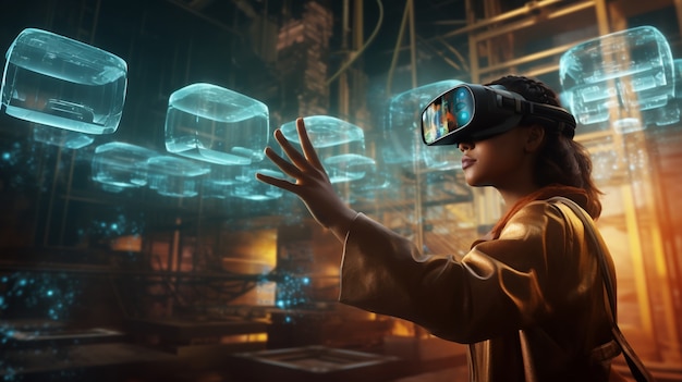 Free photo woman with vr glasses in futuristic city