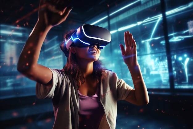 Woman with vr glasses in futuristic city