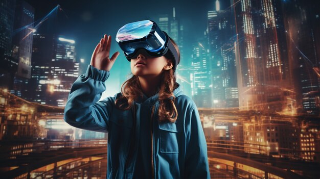 Woman with vr glasses in futuristic city