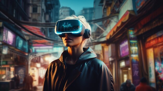 Woman with vr glasses in futuristic city