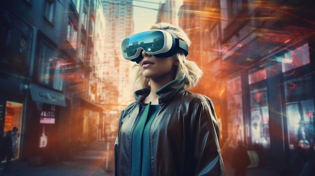 Woman with vr glasses in futuristic city