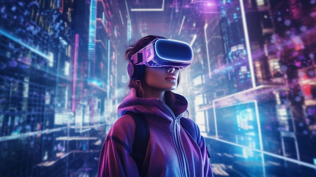 Woman with vr glasses in futuristic city