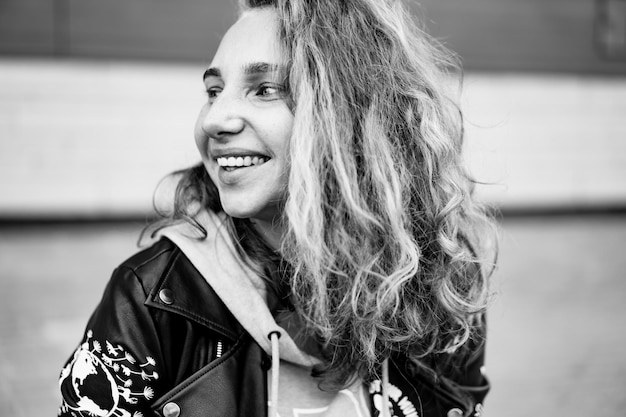 woman with white curly hair portrait close-up