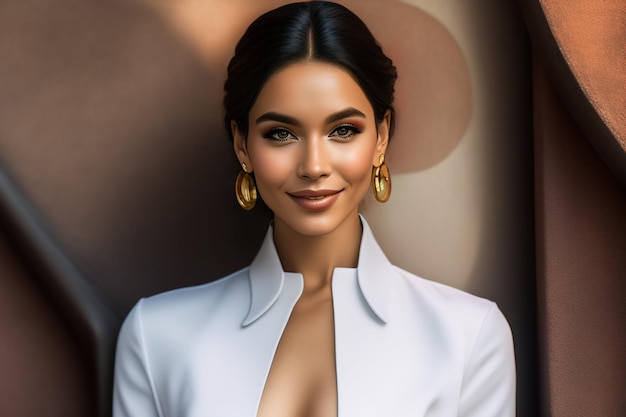 Free Photo a woman with a white jacket and gold earrings stands in front of a dark background.